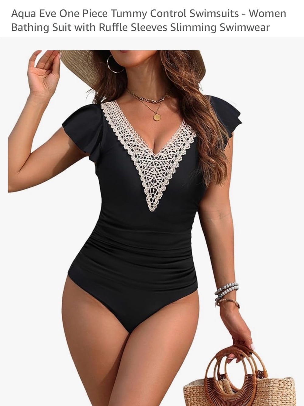 Aqua Black One-Piece Swimsuit with Cream Lace V-Neck